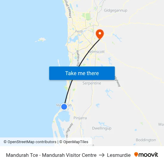 Mandurah Tce  - Mandurah Visitor Centre to Lesmurdie map