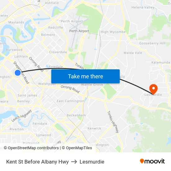 Kent St Before Albany Hwy to Lesmurdie map