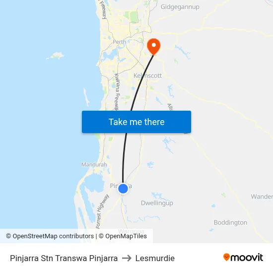 Pinjarra Stn Transwa Pinjarra to Lesmurdie map
