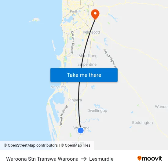 Waroona Stn Transwa Waroona to Lesmurdie map
