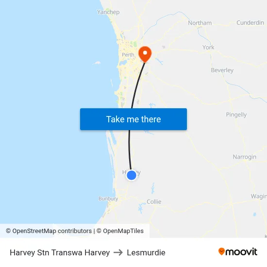 Harvey Stn Transwa Harvey to Lesmurdie map