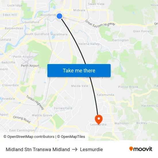 Midland Stn Transwa Midland to Lesmurdie map