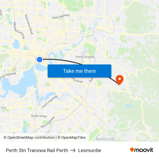 Perth Stn Transwa Rail Perth to Lesmurdie map