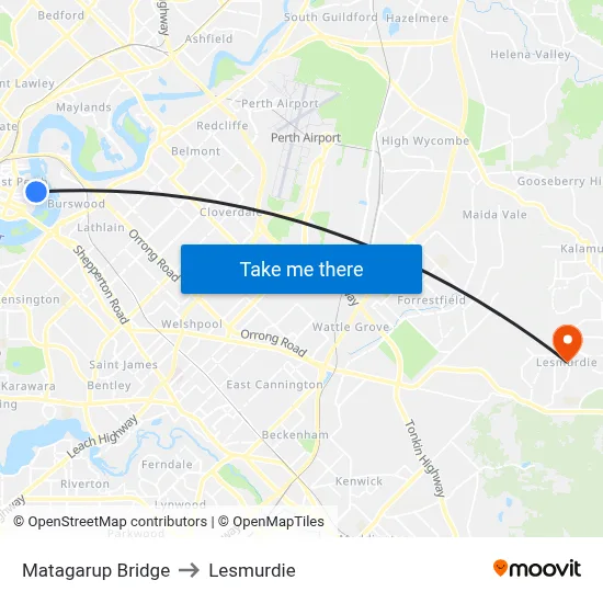 Matagarup Bridge to Lesmurdie map