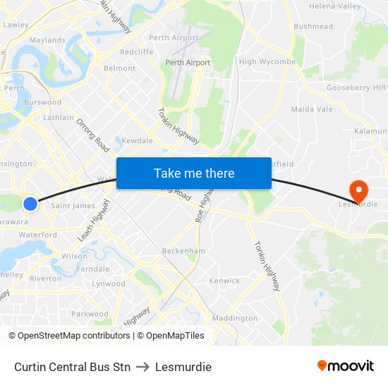 Curtin Central Bus Stn to Lesmurdie map