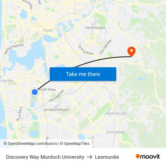 Discovery Way Murdoch University to Lesmurdie map