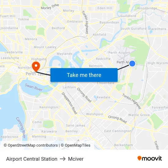 Airport Central Station to Mciver map