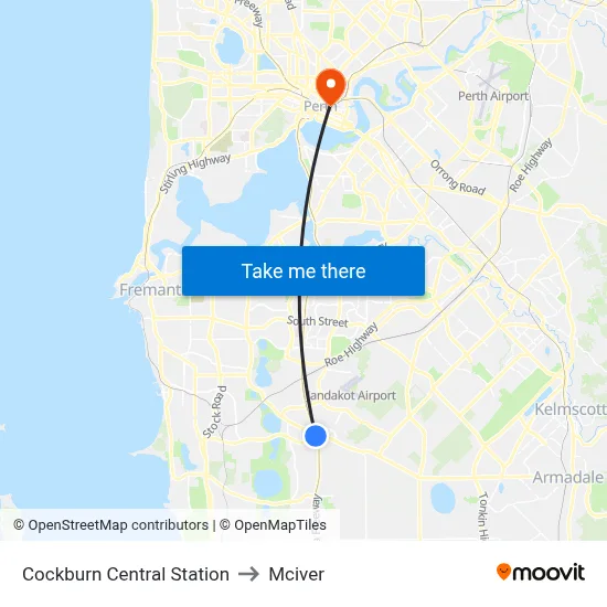 Cockburn Central Station to Mciver map
