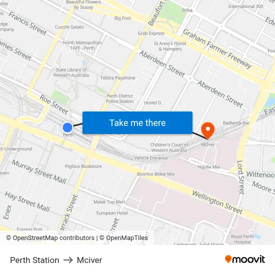 Perth Station to Mciver map