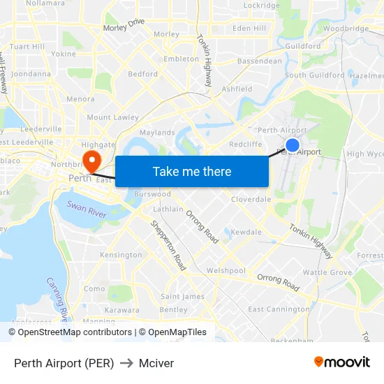 Perth Airport (PER) to Mciver map