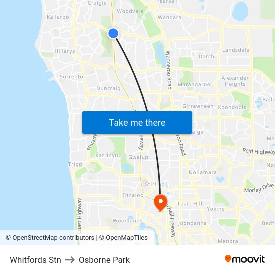 Whitfords Stn to Osborne Park map