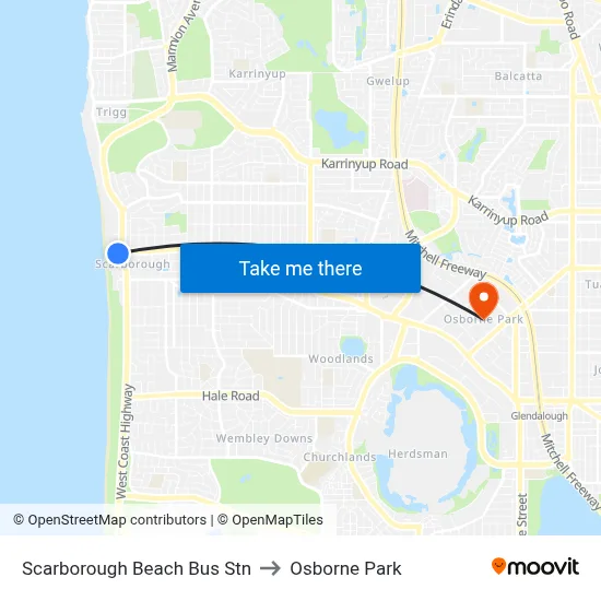 Scarborough Beach Bus Stn to Osborne Park map