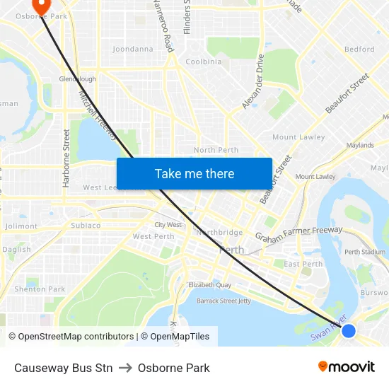Causeway Bus Stn to Osborne Park map