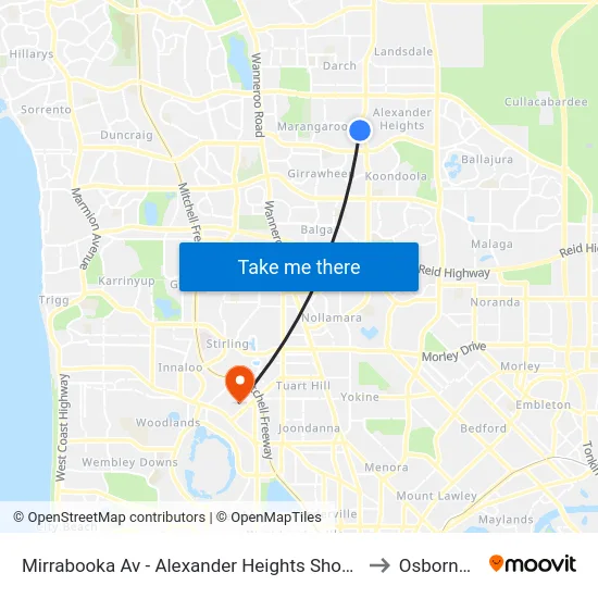 Mirrabooka Av - Alexander Heights Shopping Ctr Stand 2 to Osborne Park map