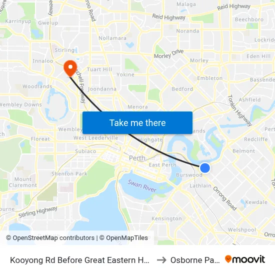 Kooyong Rd Before Great Eastern Hwy to Osborne Park map