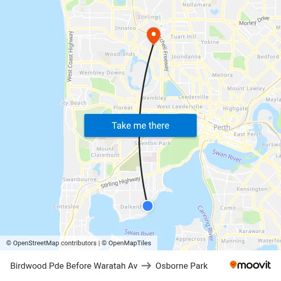 Birdwood Pde Before Waratah Av to Osborne Park map