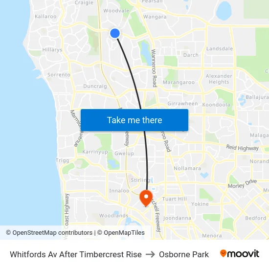 Whitfords Av After Timbercrest Rise to Osborne Park map