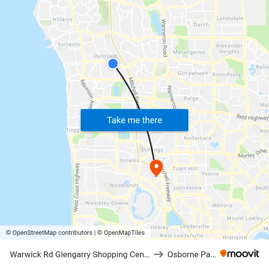 Warwick Rd Glengarry Shopping Centre to Osborne Park map