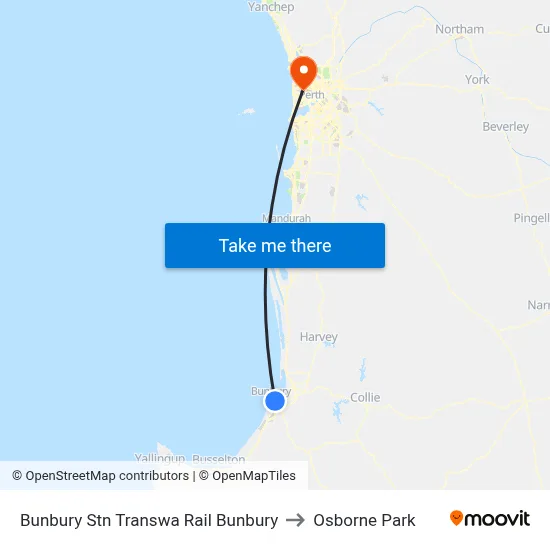 Bunbury Stn Transwa Rail Bunbury to Osborne Park map