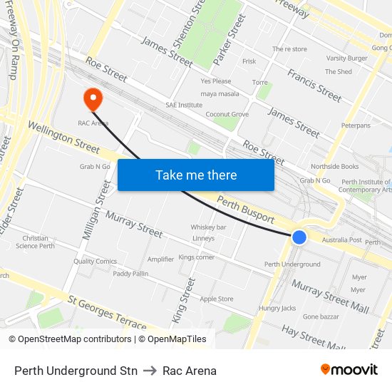 Perth Underground Stn to Rac Arena map