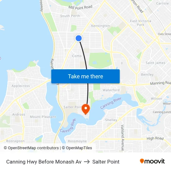 Canning Hwy Before Monash Av to Salter Point map