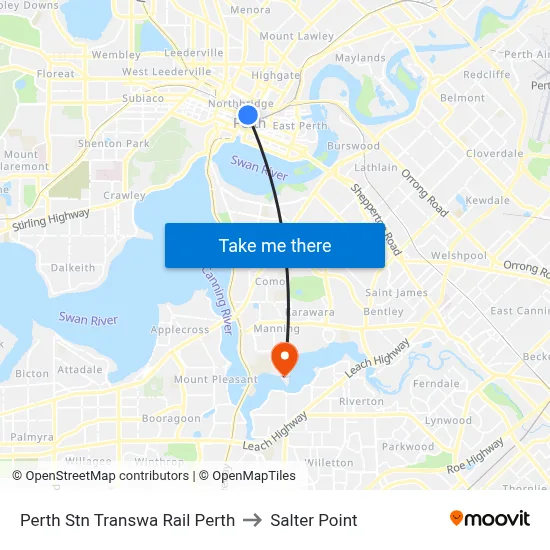 Perth Stn Transwa Rail Perth to Salter Point map