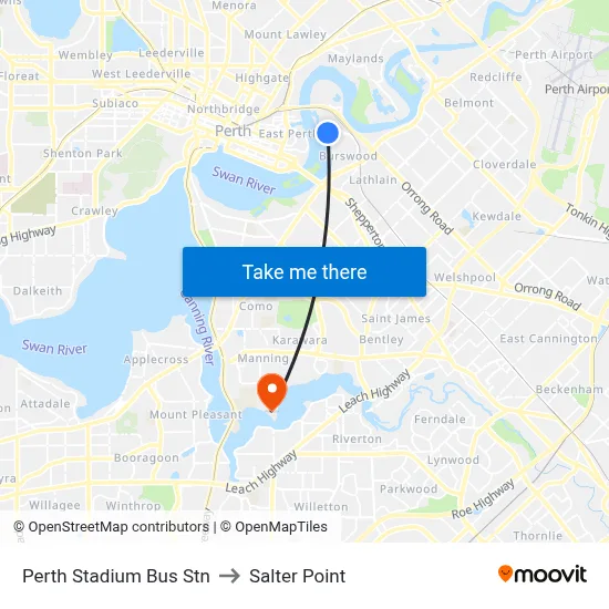 Perth Stadium Bus Stn to Salter Point map