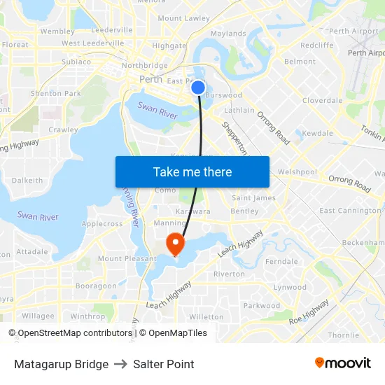 Matagarup Bridge to Salter Point map