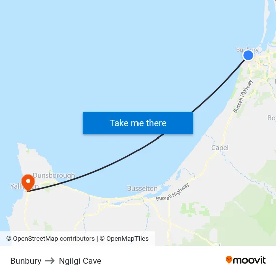Bunbury to Ngilgi Cave map