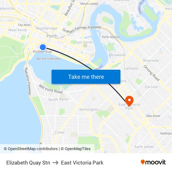 Elizabeth Quay Stn to East Victoria Park map