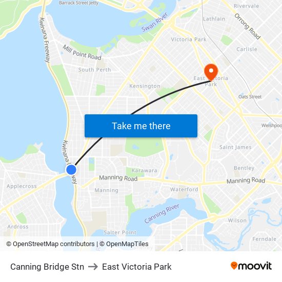 Canning Bridge Stn to East Victoria Park map