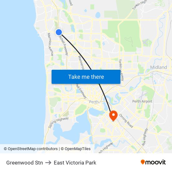 Greenwood Stn to East Victoria Park map