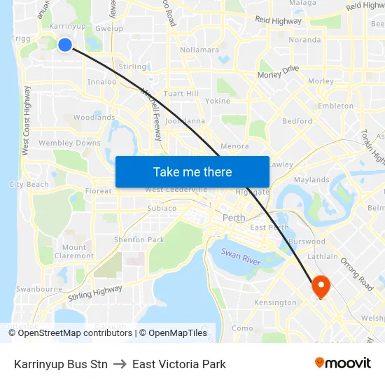 Karrinyup Bus Stn to East Victoria Park map