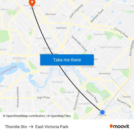 Thornlie Stn to East Victoria Park map