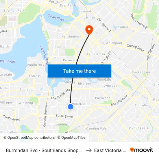 Burrendah Bvd - Southlands Shopping Ctr to East Victoria Park map