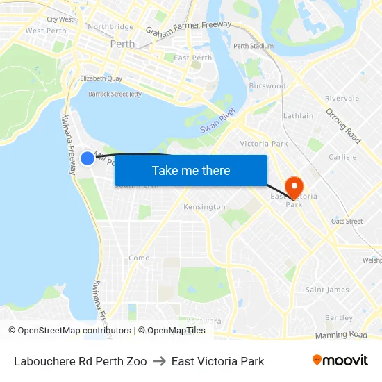 Labouchere Rd Perth Zoo to East Victoria Park map