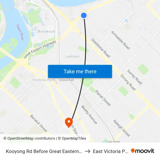 Kooyong Rd Before Great Eastern Hwy to East Victoria Park map