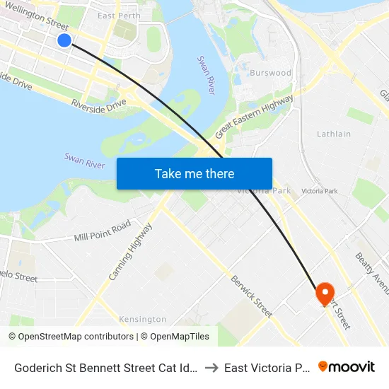 Goderich St Bennett Street Cat Id 103 to East Victoria Park map