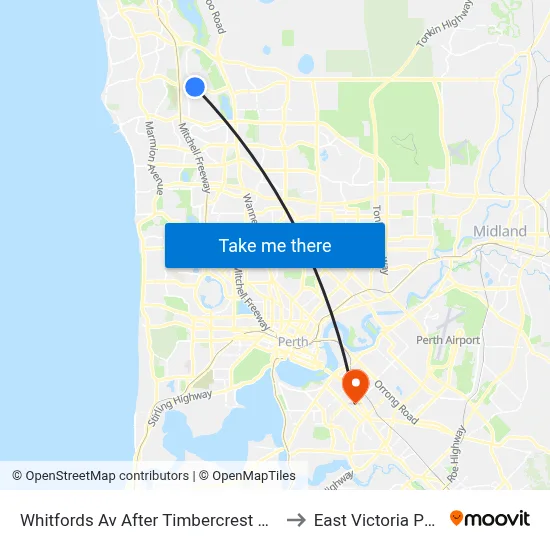 Whitfords Av After Timbercrest Rise to East Victoria Park map