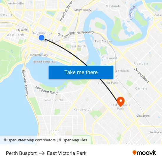 Perth Busport to East Victoria Park map
