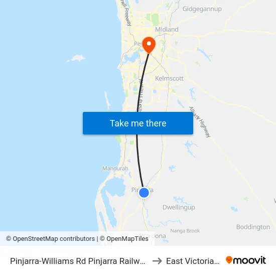Pinjarra-Williams Rd Pinjarra Railway Station to East Victoria Park map