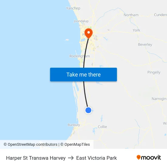 Harper St Transwa Harvey to East Victoria Park map