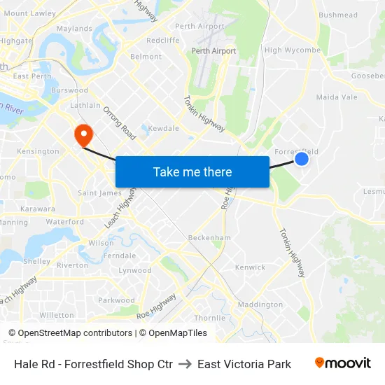 Hale Rd - Forrestfield Shop Ctr to East Victoria Park map