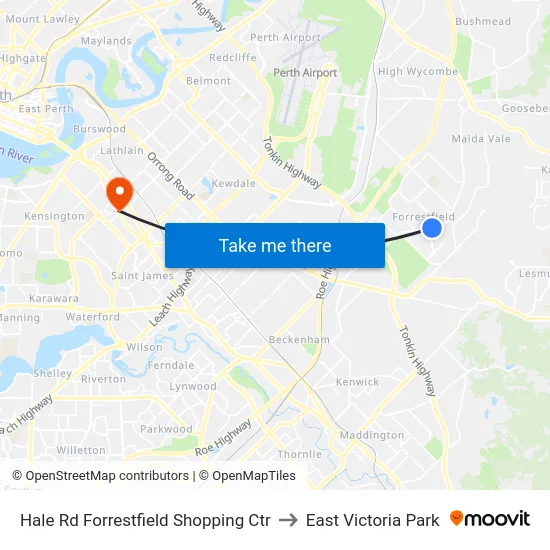 Hale Rd Forrestfield Shopping Ctr to East Victoria Park map