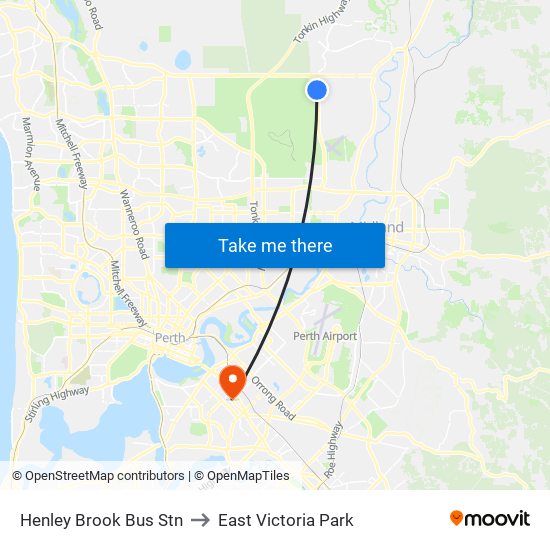 Henley Brook Bus Stn to East Victoria Park map