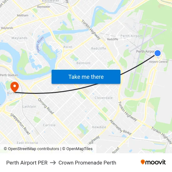 Perth Airport PER to Crown Promenade Perth map