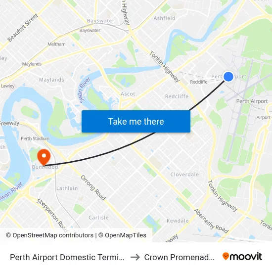 Perth Airport Domestic Terminal T3 T4 to Crown Promenade Perth map