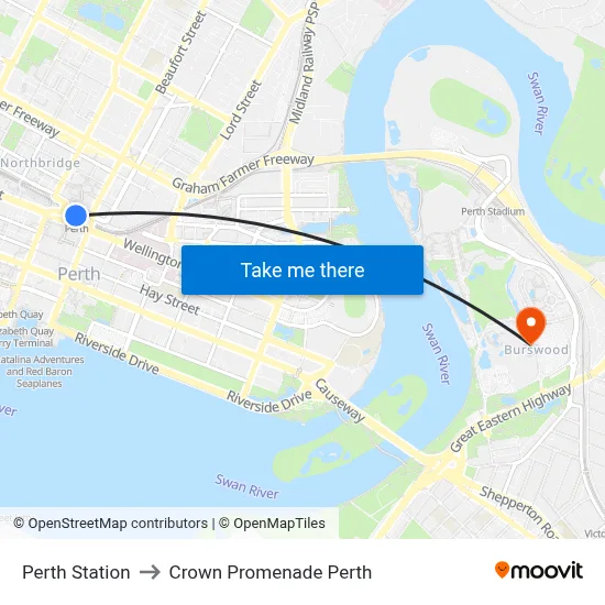 Perth Station to Crown Promenade Perth map