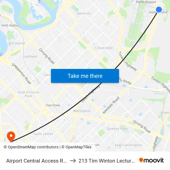 Airport Central Access Rd Stand 1 to 213 Tim Winton Lecture Theatre map