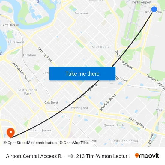Airport Central Access Rd Stand 2 to 213 Tim Winton Lecture Theatre map